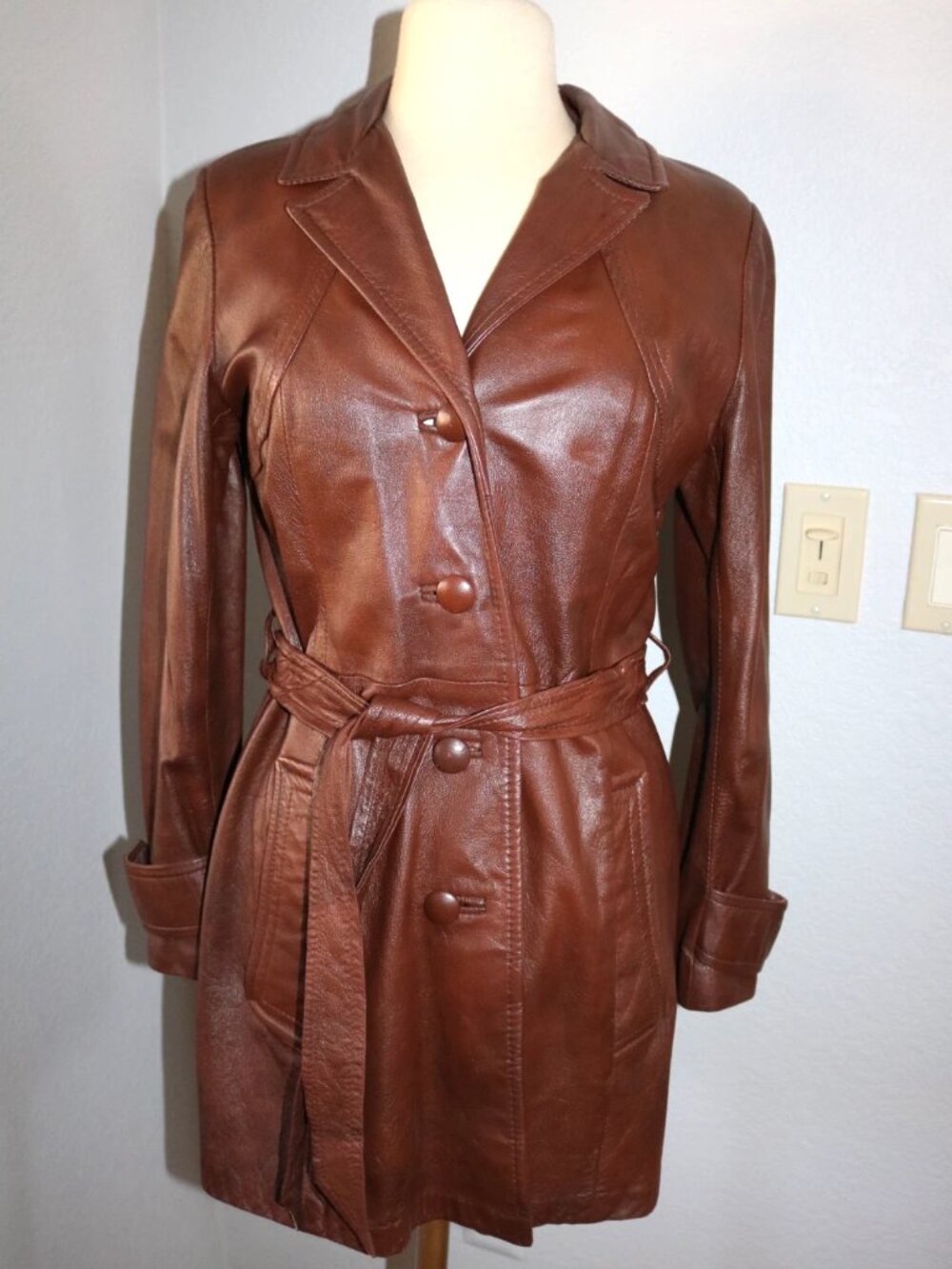 Vintage Ami Leather Ltd Brown Trench Jacket Belted 70s Pea Coat